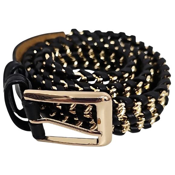 Source Unknown Accessories - Chic Gold Braided Chain and Black Faux Leather Women's Belt Size S/M 38" Long